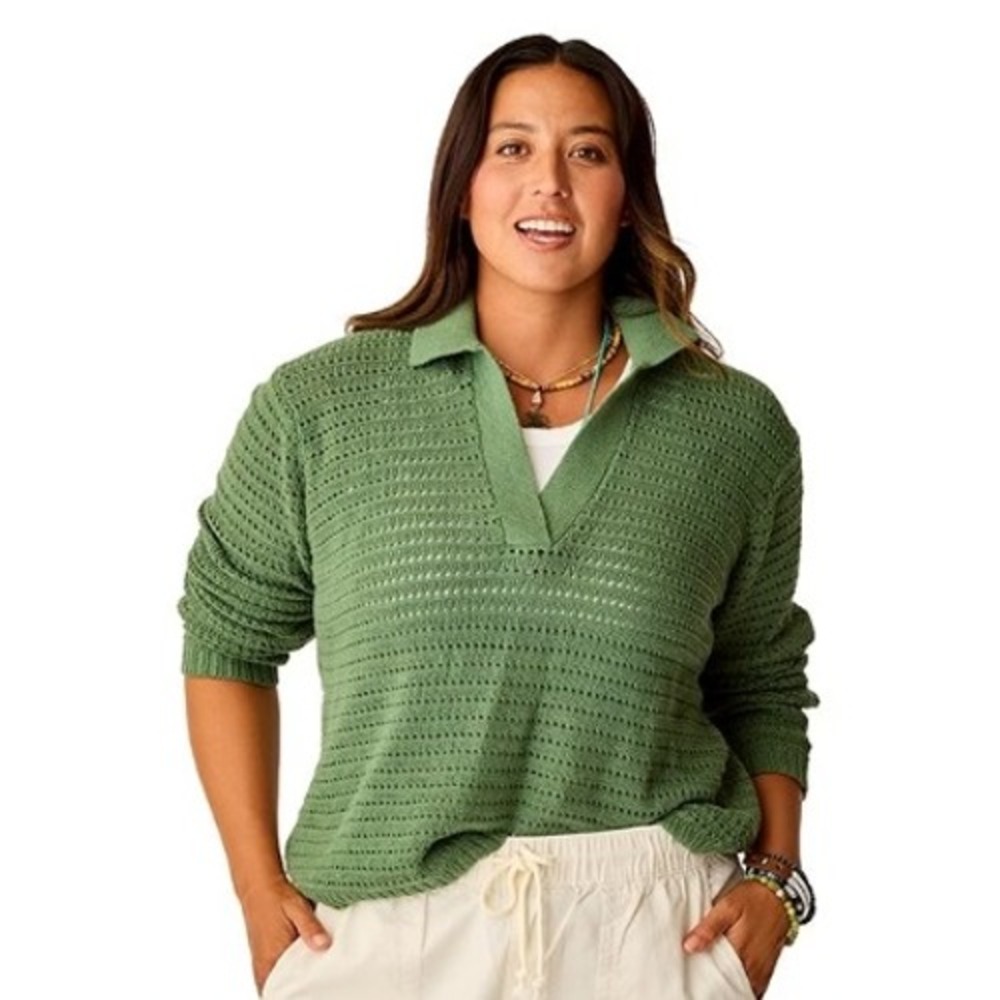 Carve Designs Green Organic Cotton Pointelle Knit Polo Sweater Size Small